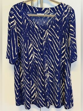 Susan Graver 1X Blue/Purple White Abstract Liquid Knit Top Stretch 3/4 Sleeve